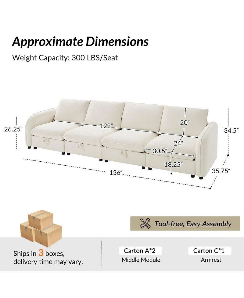 Hulala Home Terencio Modern Modular Storage Sectional Sofa with Hassle-free Assembly