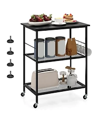 Costway 3-Tier Kitchen Serving Cart Utility Standing Microwave Rack with Hooks Rustic