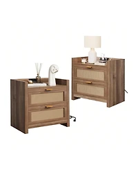 gaomon Nightstands Set Of 2 With Rattan Drawer Modern Night Stand For Bedrooms Wooden 2 Drawer Bedside Table Side Table