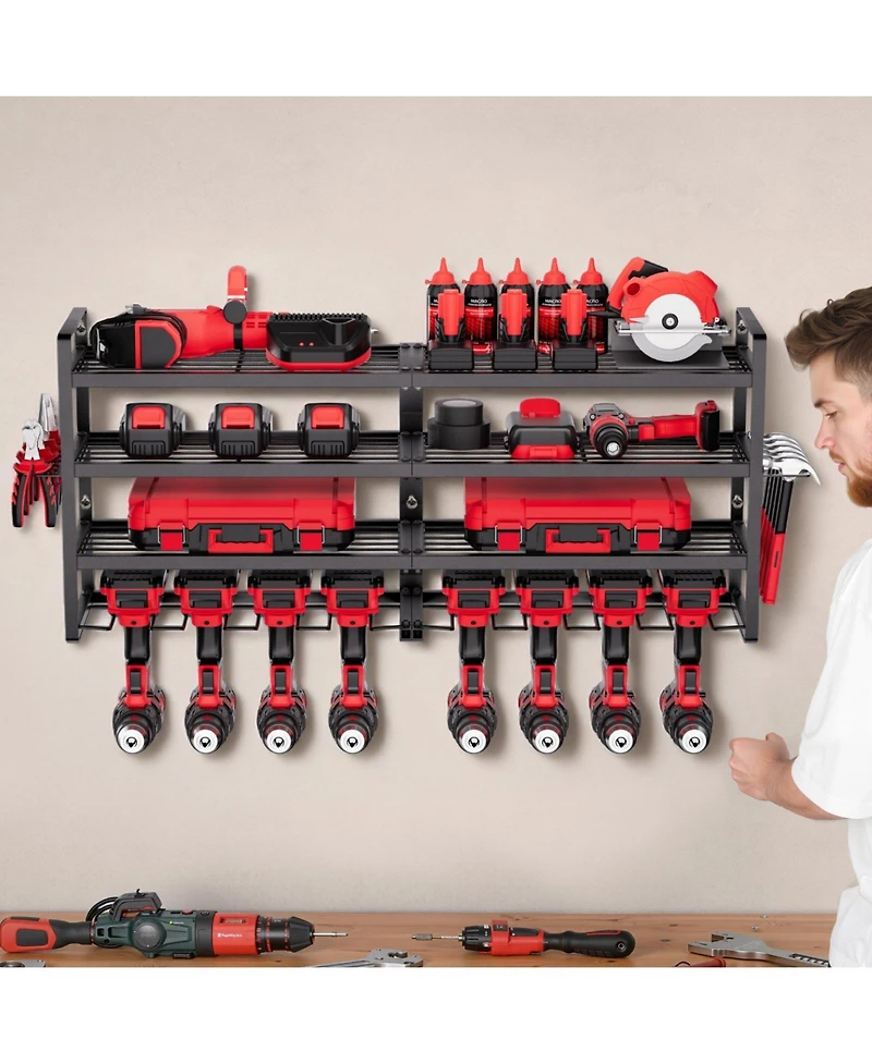 Mecale Wall-Mount Tool Organizer, 4-Tier Rack with 8 Drill Holders & Screwdriver Slots.