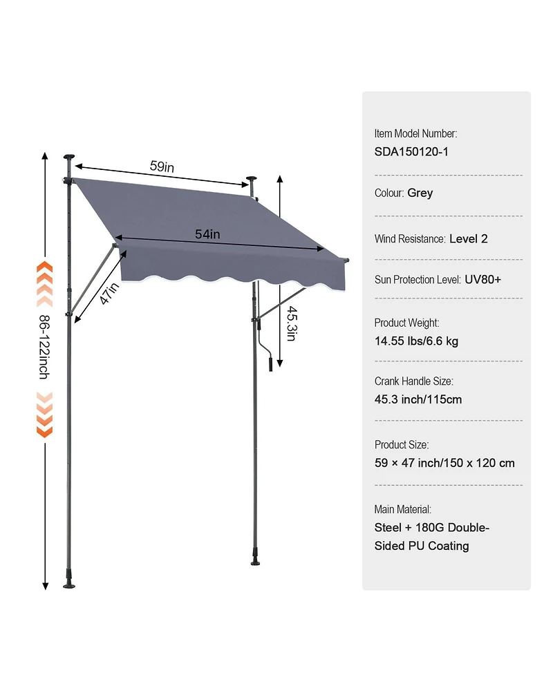 Mecale 59 x 47" Retractable Patio Awning, Manual Crank Sunshade Canopy, Adjustable Height 86-122 in, for Patio Balcony Yard, Dark Gray
