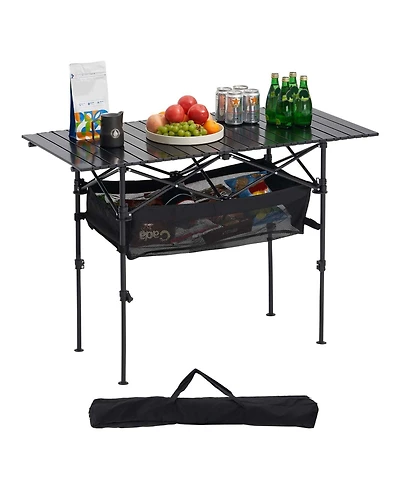 Mecale Roll-Up Folding Camping Table, Adjustable Height Aluminum, Storage Bag & Carry Bag, Black