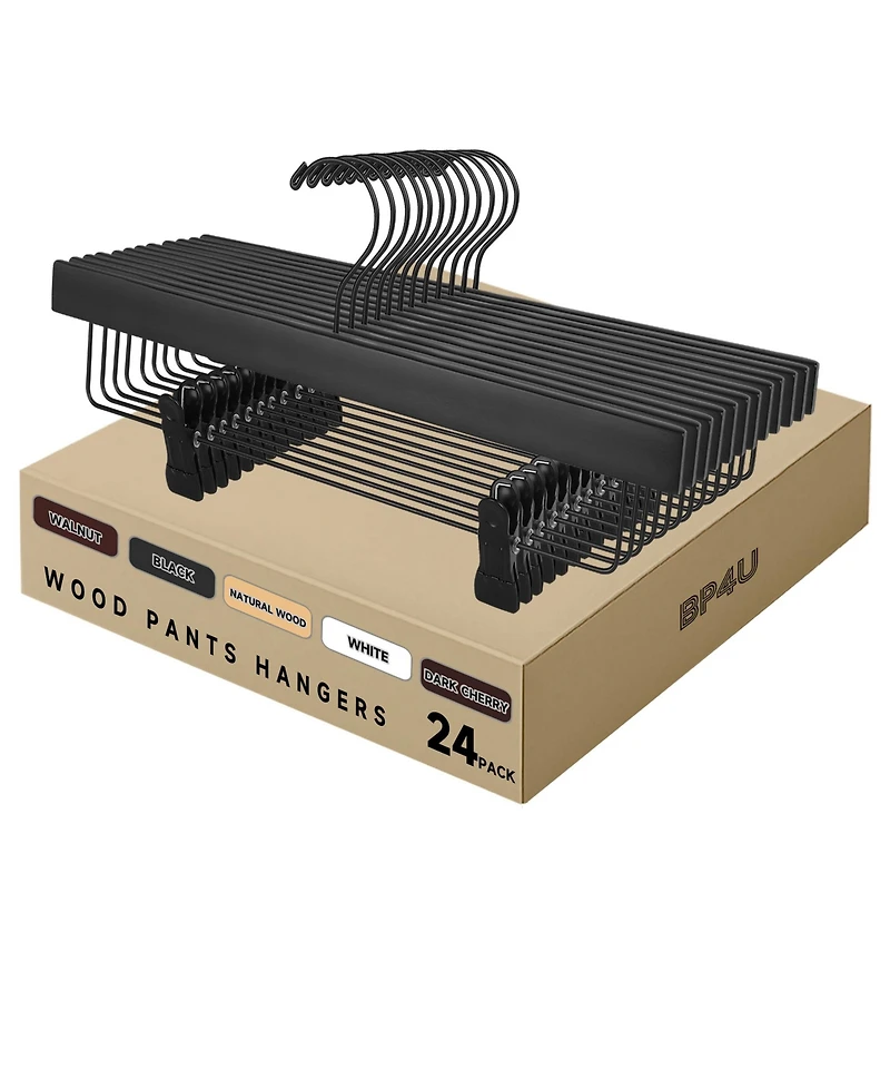 BP4U 24-Pack Premium Wooden Pants/Skirts Hangers with Adjustable Clip, Heavy Duty Solid Wood Bottom for Trousers, Dress Slacks