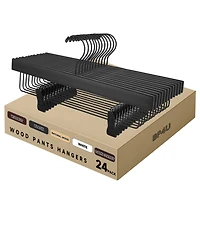 BP4U 24-Pack Premium Wooden Pants/Skirts Hangers with Adjustable Clip, Heavy Duty Solid Wood Bottom for Trousers, Dress Slacks