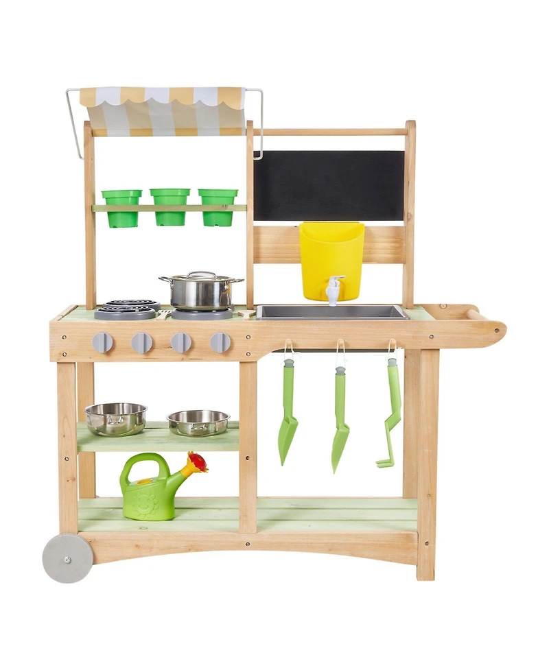 Mecale Kids Outdoor Mud Kitchen, Wooden Play Kitchen with Sink, Sunshade Canopy & Swivel Wheels, Spoons, Cookware Pots & Accessories