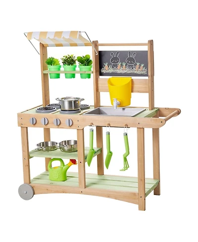 Mecale Kids Outdoor Mud Kitchen, Wooden Play Kitchen with Sink, Sunshade Canopy & Swivel Wheels, Spoons, Cookware Pots & Accessories