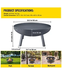 Ecooso 34-Inch Round Carbon Steel Fire Pit Bowl, Wood Burning Fire Bowl with Drain Hole, Portable Handles and Firewood Stick, Black