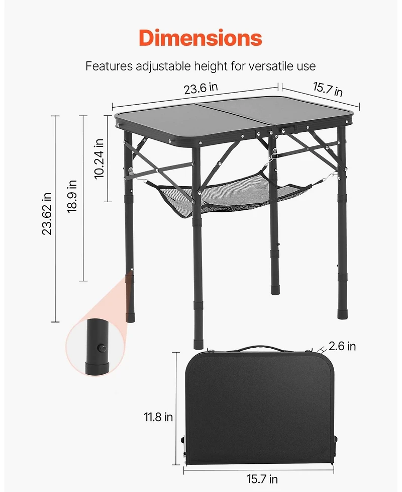 Mecale Folding Camping Table, Adjustable Height Aluminum & Mdf with Mesh Shelf, Carry Handle, 24x16", Black