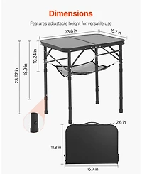 Mecale Folding Camping Table, Adjustable Height Aluminum & Mdf with Mesh Shelf, Carry Handle, 24x16", Black