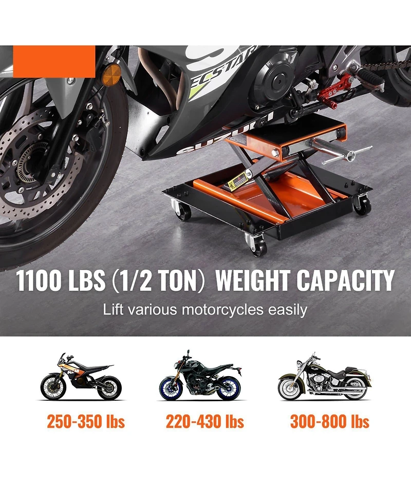 Mecale Motorcycle Lift, 1100 lb Scissor Lift Jack with Dolly & Hand Crank, Wide Deck, Tool Tray, Center Hoist Stand