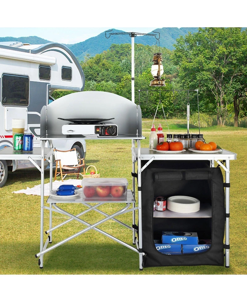 Mecale Camping Kitchen Table, Folding Aluminum Cook Station with Cupboard, Detachable Windscreen, Carrying Bag, Quick Setup, Black