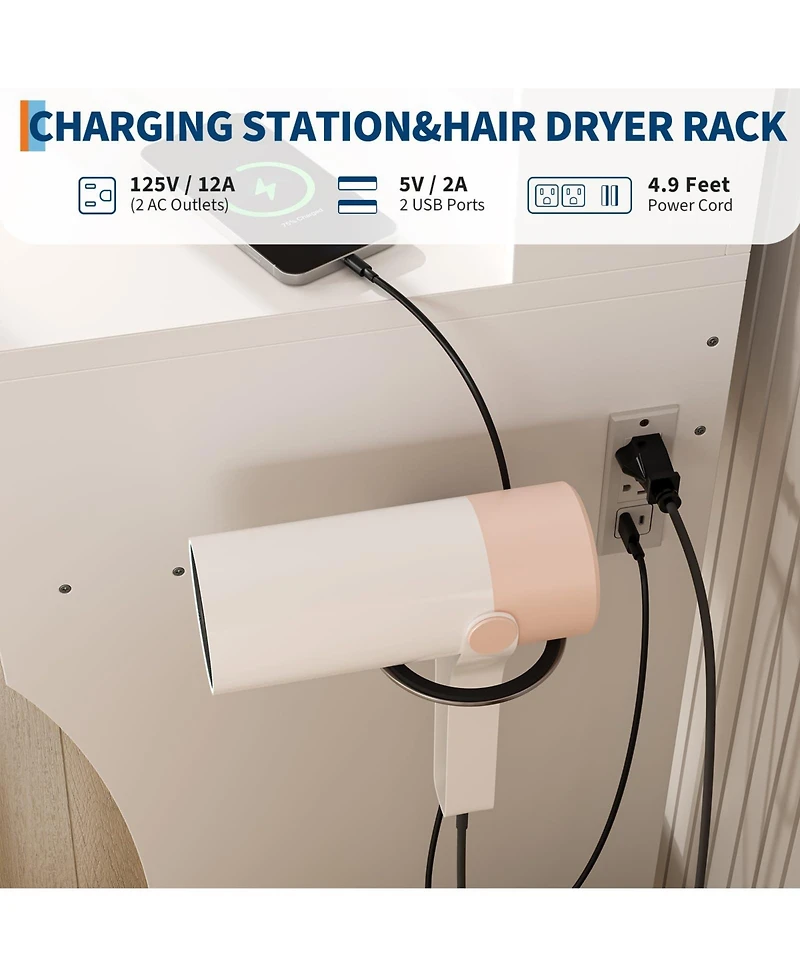 gaomon Vanity Desk with Led Mirror & Power Outlets,3 Light Modes, Modern Dressing Table for Bedroom