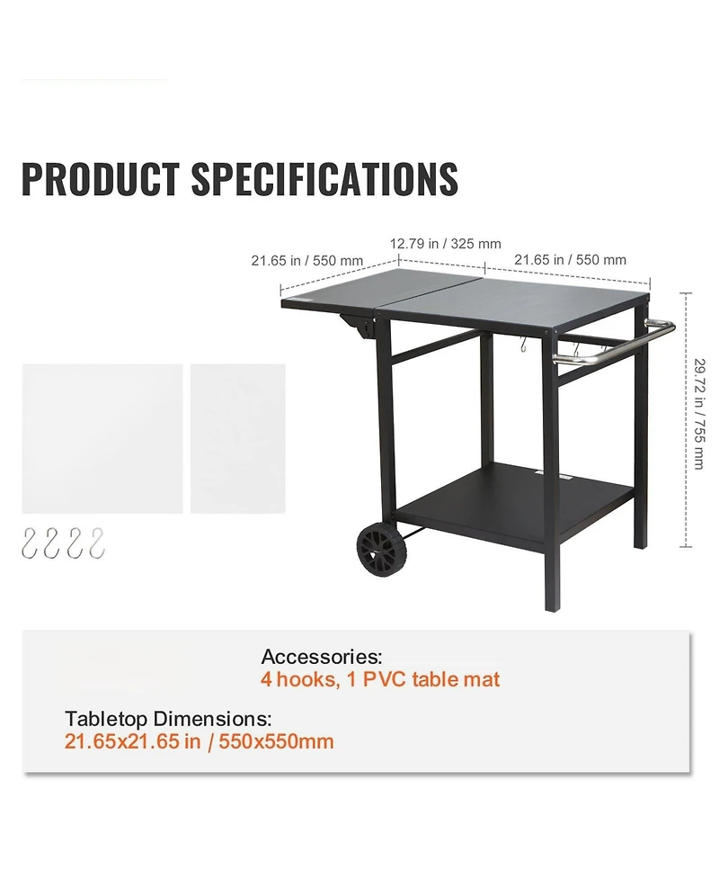Mecale Outdoor Grill Prep Cart, Double-Shelf Folding Iron Table with Wheels, Carry Handle, for Bbq & Pizza Oven