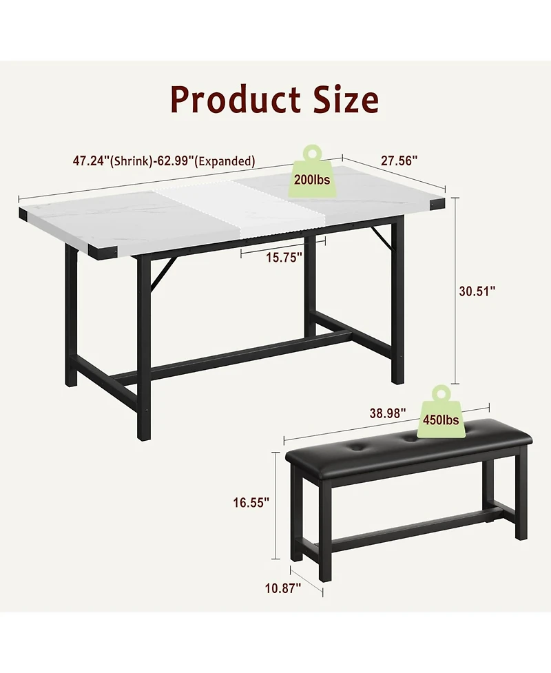 gaomon 3-Piece Extendable Dining Table Set for 4-6, Marble White Table with 2 Upholstered Benches, Space-Saving Kitchen & Dining Room Set