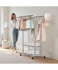 Ecooso Rolling Clothes Rack with 2 Hanging Rods & 2 Shelves, Adjustable Height, 264 lb Capacity, Carbon Steel Garment Rack with Wheels