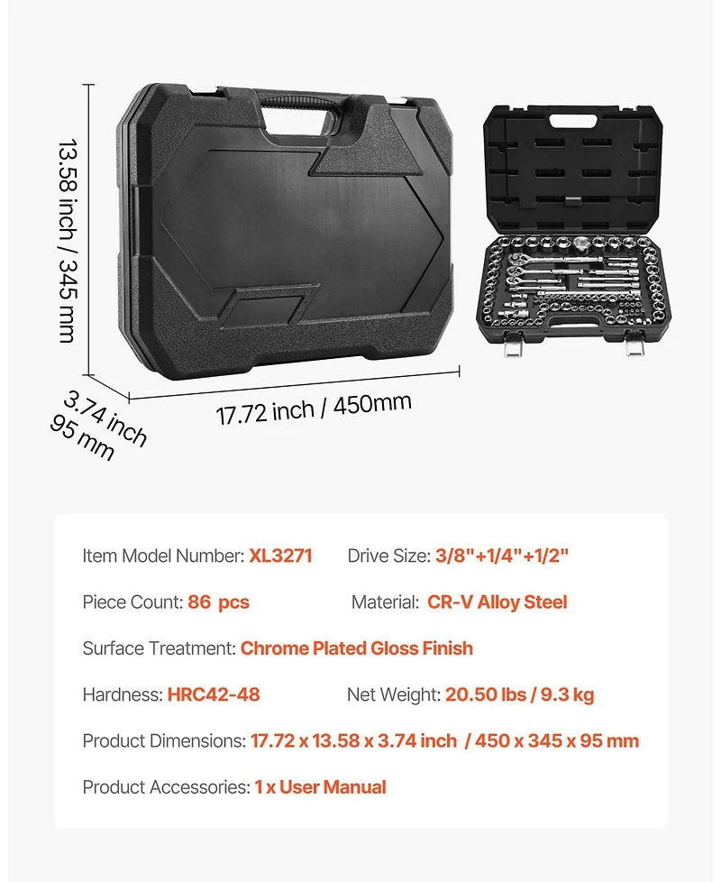 Mecale 86-Piece Socket & Ratchet Set, 1/4" 3/8" 1/2" Drive Sae & Metric, Ratchet, Accessories, Storage Case, Cr-v Steel