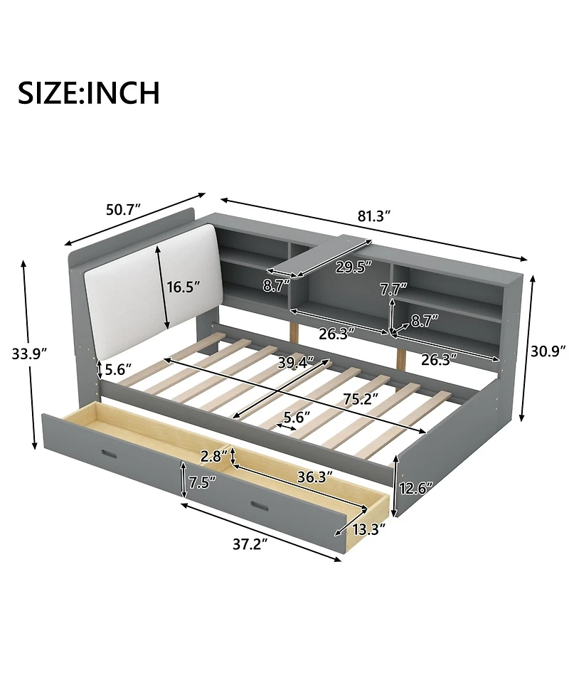 Boyel Living Wood Twin platform bed with Storage Headboard, Shelves and 2 Drawers