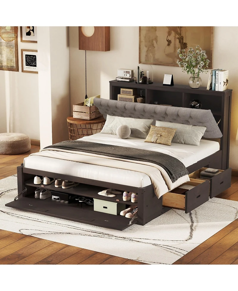 Wood Queen Platform Bed with Storage Headboard, shoe rack and 4 drawers