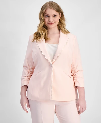 Tahari Asl Plus Faux-Pearl-Trim Ruched-Sleeve Blazer