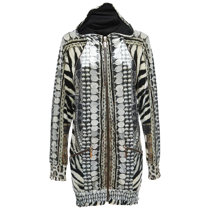 Pre-Owned Roberto Cavalli Women's Black/white Printed Velvet Zip Front Hooded Jacket