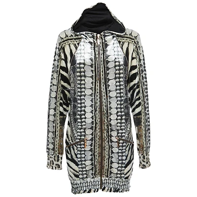 Pre-Owned Roberto Cavalli Women's Black/white Printed Velvet Zip Front Hooded Jacket