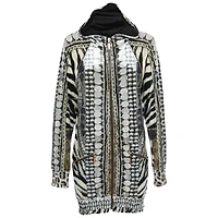 Pre-Owned Roberto Cavalli Women's Black/white Printed Velvet Zip Front Hooded Jacket