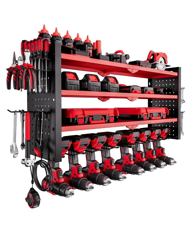 Mecale Wall-Mount Power Tool Organizer, 4-Tier Storage Rack with 8 Drill Holders, Side Pegboards, Garage Tool Storage Rack