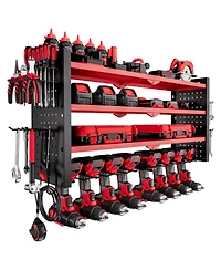 Mecale Wall-Mount Power Tool Organizer, 4-Tier Storage Rack with 8 Drill Holders, Side Pegboards, Garage Tool Storage Rack