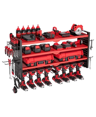 Mecale Wall-Mount Power Tool Organizer, 4-Tier Storage Rack with 8 Drill Holders, Side Pegboards, Garage Tool Storage Rack