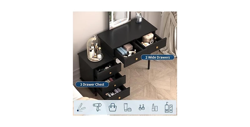 gaomon Makeup Vanity Desk with Lights and Mirror, Modern Dressing Table 2 Drawers & 3-Drawer Cabinet, Adjustable Led Lighting Wood