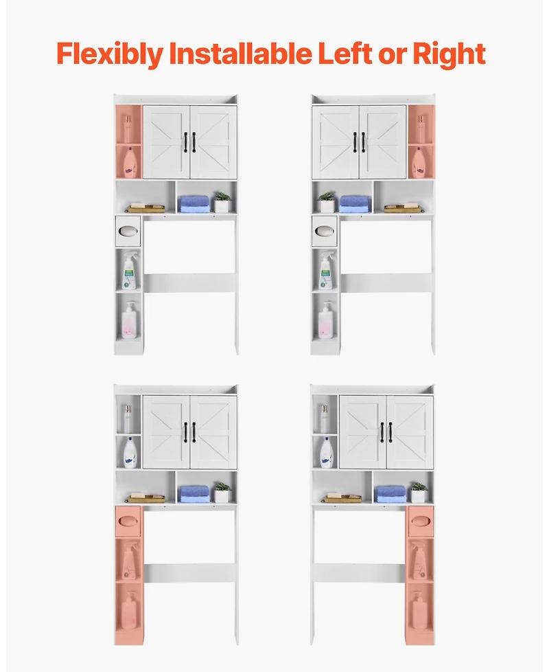 Volenca Over-the-Toilet Storage Cabinet, 66.14" Bathroom Space Saver with Double Doors, Adjustable Shelf & Open Shelf, White