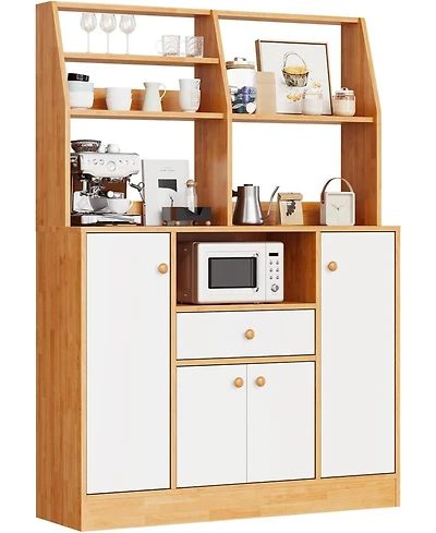 gaomon Small Farmhouse Coffee Bar Cabinet, Wood Kitchen Buffet Hutch Cabinet with 4 Doors & Adjustable Shelves, Sideboard Pantry for Dining Room
