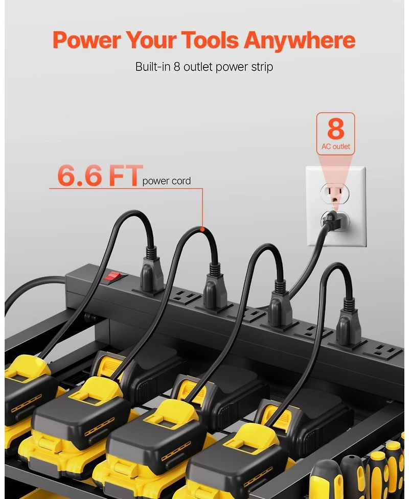 Mecale 4-Tier Tool Organizer Cart with Charging Station, 8 Ac Outlets, Rolling Drill Holder & Tool Battery Storage Rack, Wheels, Garage Use