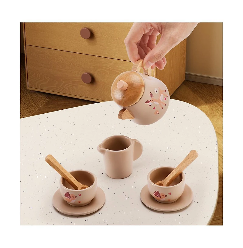 Bruce & Shark 13-Piece Wooden Tea Set with Teapot, Cups & Treats, Child-Safe Gift