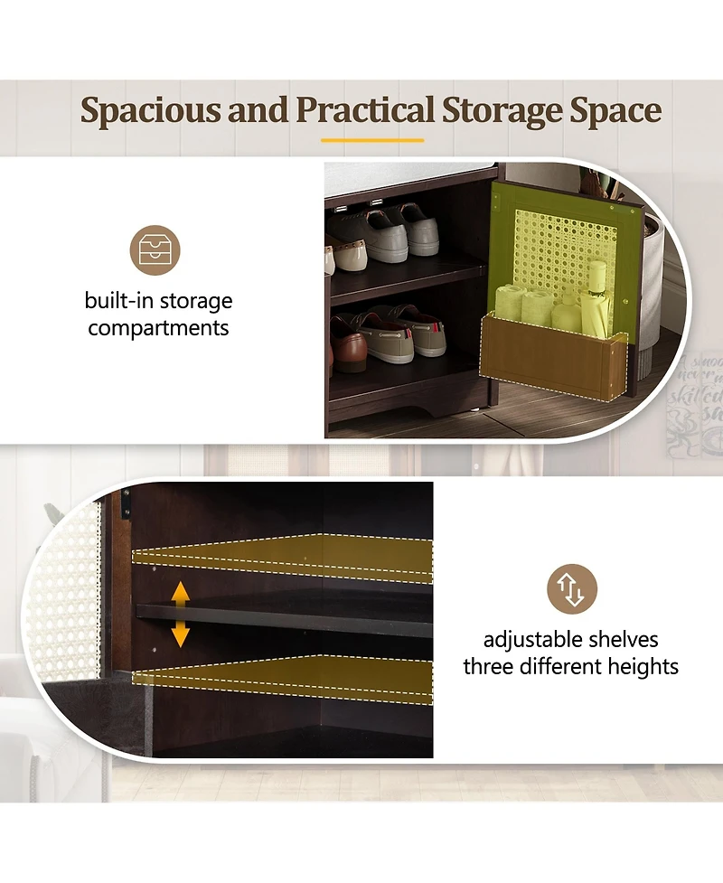 Boyel Living Rustic Wood Entryway Shoe Bench with Cushion and Adjustable Shelves