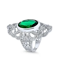 Bling Jewelry Art Deco Emerald Green Oval Cz Filigree Statement Full Finger Ring Silver Plated