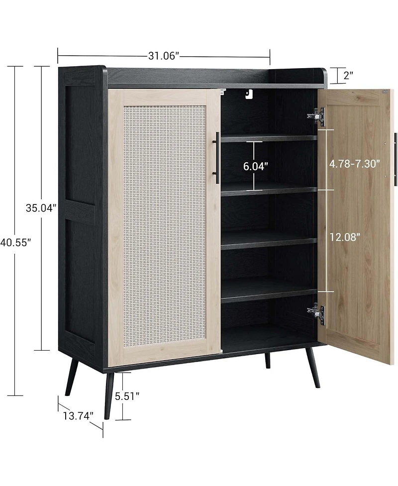 gaomon Rattan Shoe Cabinet, 5-Tier Shoe Storage Cabinet with Doors, 2 Adjustable Shelves and Heavy Duty Metal Legs