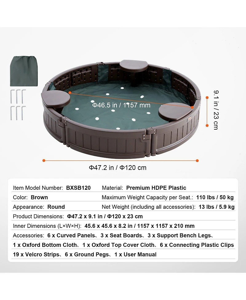 Mecale Round Sandbox w/ Cover, 47.2" x 9.1", Hdpe w/ 3 Corner Seats & Bottom Liner, Ages 3-12