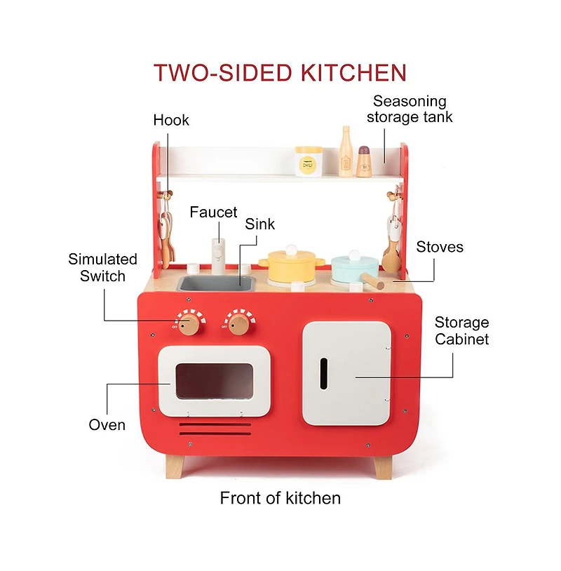 Bruce & Shark Wooden Kids Play Kitchen Toy Set with Washer, Oven, Realistic Sink & Storage