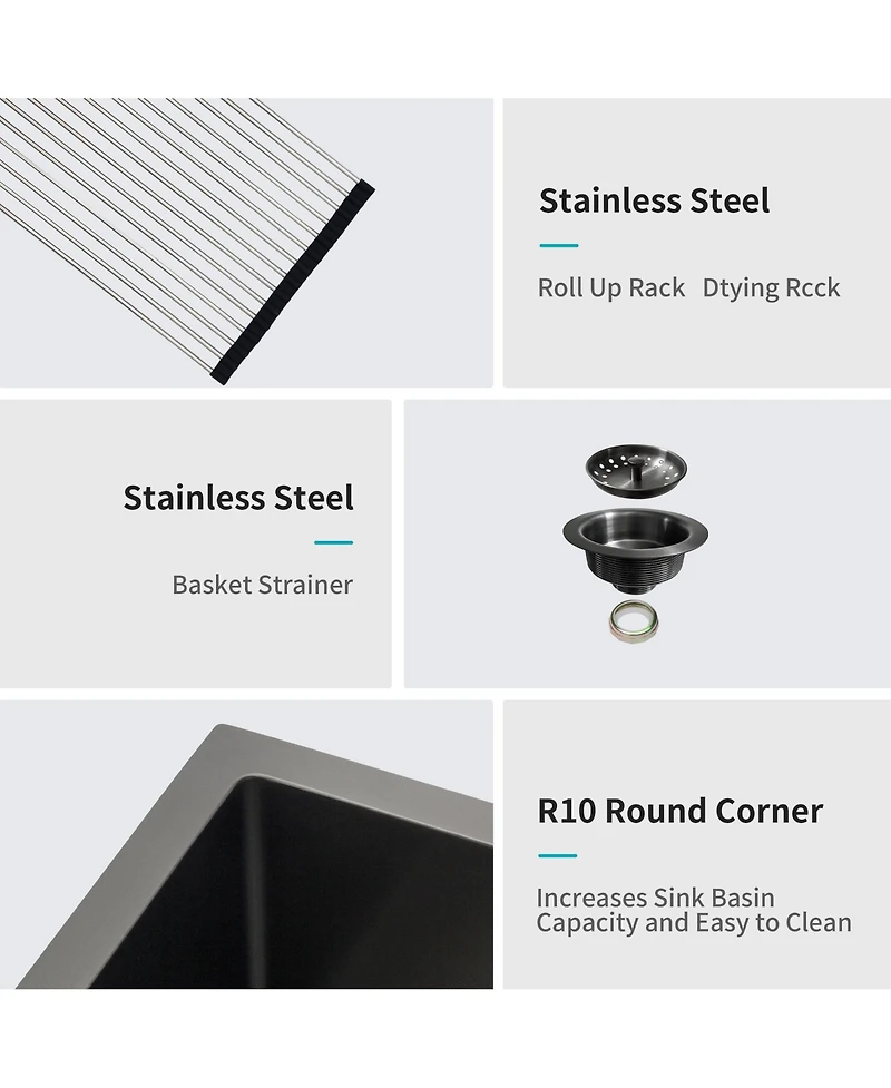 flynama 28x18x10inch Gunmetal Black Workstation Kitchen Sink Undermount Stainless Steel 16 Gauge