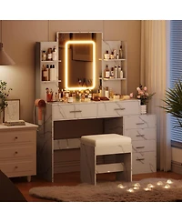 gaomon 6-Drawer Marble White Makeup Vanity Set, Mirror with Led Lights, Usb Charging, Vanity Stool, Bedroom, Dressing Room