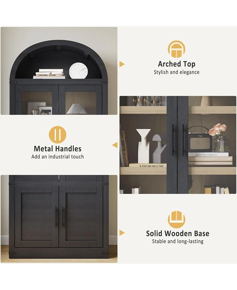 gaomon Arched Storage Bookcase, 6-Tier Modern Wooden Shelving with Doors for Living Room