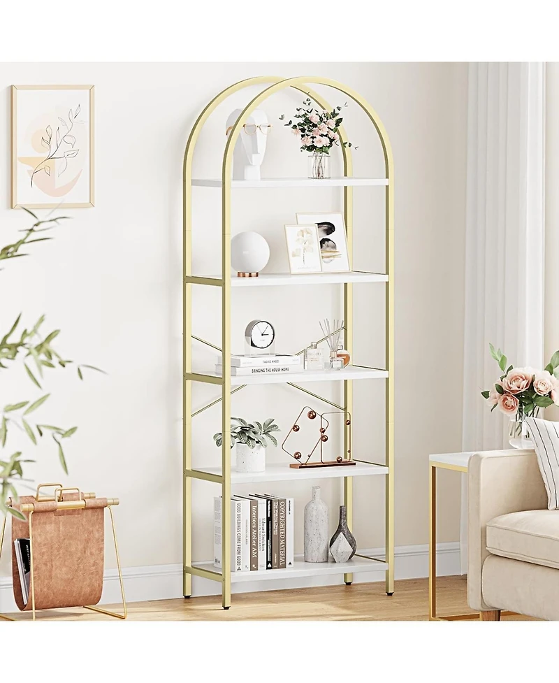 gaomon Set of 2 Modern Arched Bookcases, 5-Tier Metal Frame Shelves with Marble Finish for Living Room & Office