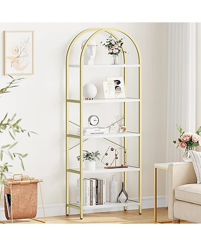 gaomon Set of 2 Modern Arched Bookcases, 5-Tier Metal Frame Shelves with Marble Finish for Living Room & Office