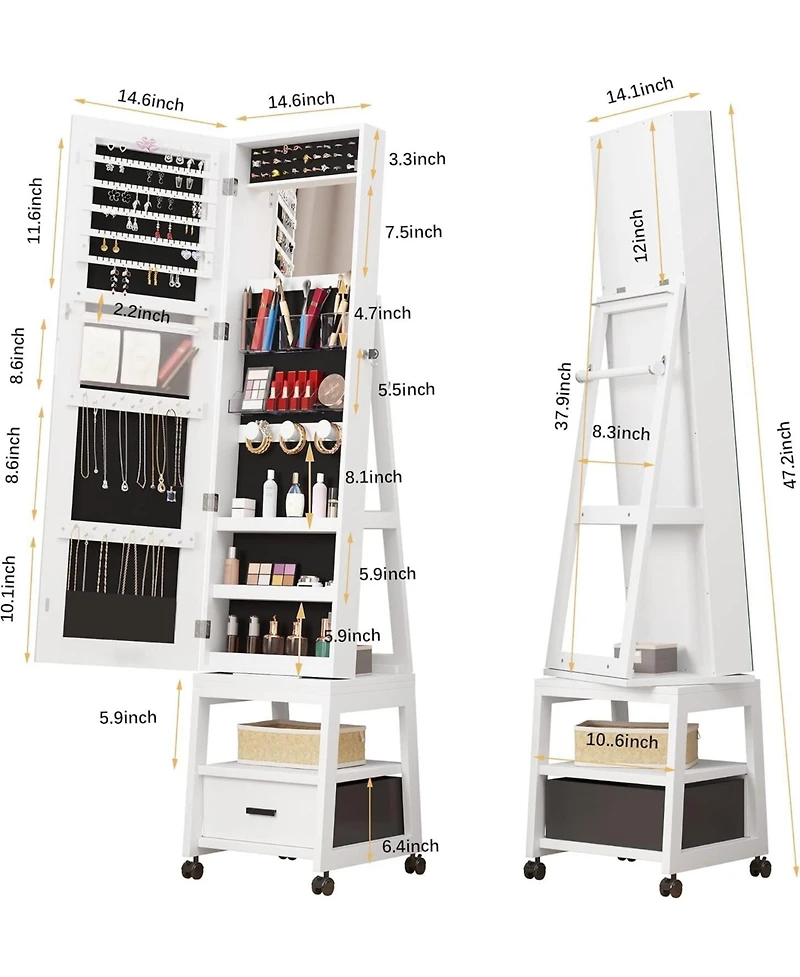 gaomon 360° Swivel Jewelry Armoire with Storage Shelf & Drawer – 66" H Full-Length Mirror Floor Standing Organizer Wheels