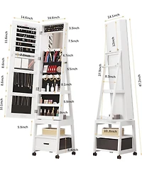 gaomon 360° Swivel Jewelry Armoire with Storage Shelf & Drawer – 66" H Full-Length Mirror Floor Standing Organizer Wheels