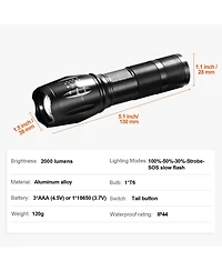 Mecale 2-Pack Led Flashlight, 2000 Lumens, Adjustable Focus Beam, 5 Modes, IP44 Water Resistant, Handheld
