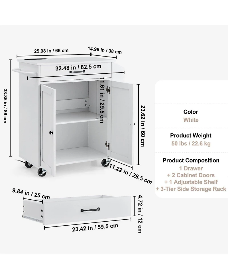 Volenca 32" Kitchen Island Cart with Power Outlet, Storage Cabinet, Drawer, Adjustable Shelf, Spice Rack, Towel Bar, Rolling, White