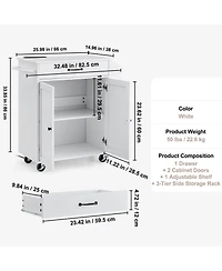 Volenca 32" Kitchen Island Cart with Power Outlet, Storage Cabinet, Drawer, Adjustable Shelf, Spice Rack, Towel Bar, Rolling, White
