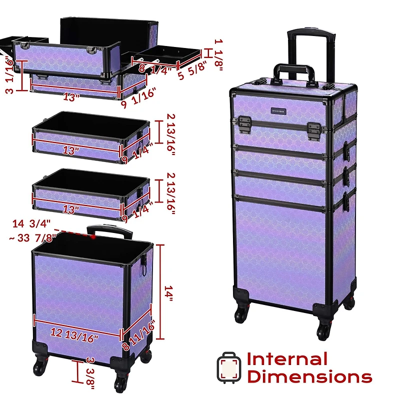Byootique 4in1 Rolling Makeup Train Case w/ Cube Case Cosmetic Organizer Purple